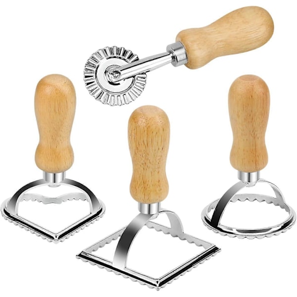 Ravioli-stämpel och -skärare med rullhjul (set om 4), trähandtag och räfflad kant, för ravioli, pasta, dumplings, lasagne, pierogi