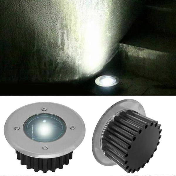 Sæt med 6 solcelle LED-spotlights til indbygning i jorden - runde - diameter: 85 mm - udendørs resistente over for ben - facade i rustfrit stål - 6 solcellelamper