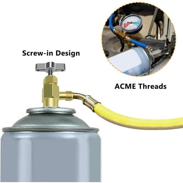3-delt R134A kølemiddelsæt med tankadaptere, 1/2\" Acme-adapter, kølemiddelventil, kølemiddelpåfyldningsslange med ventil, til R134a kølemiddel G