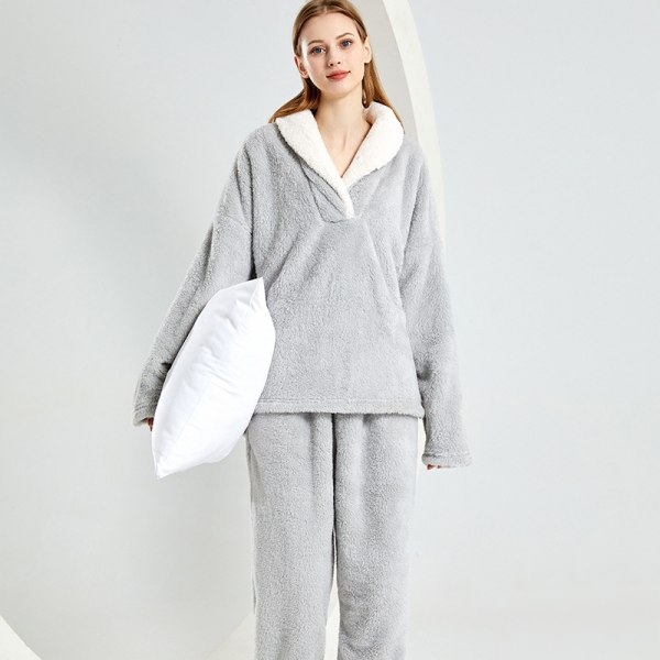 Fleecepyjamas dam Fluffig och mjuk tvådelad set förtjockade hemkläder - grå