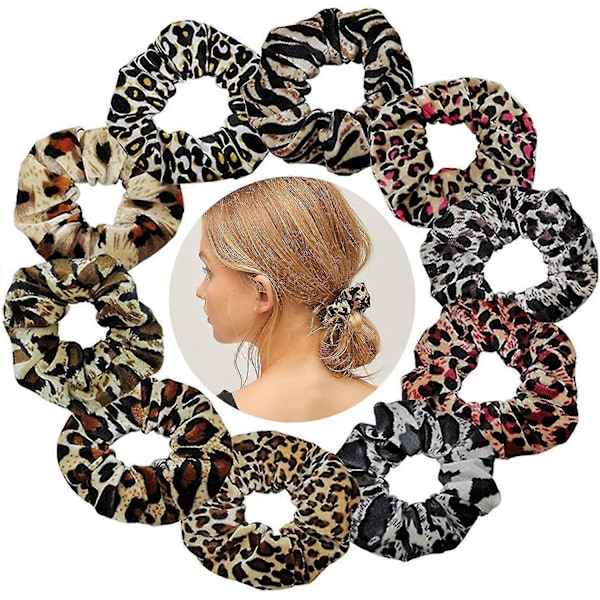10 stk. Leopard Scrunchies til Kvinder Velvet Cheetah Print Scrunchie Elastisk Hår