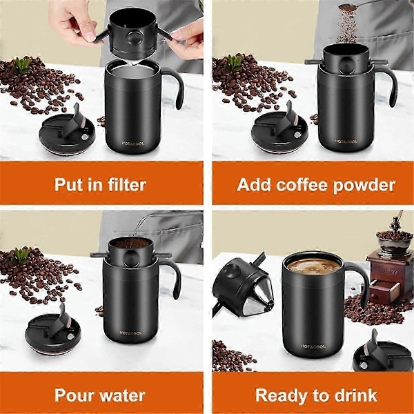 Bärbar kaffebryggare för camping med kaffemugg i rostfritt stål + kaffefilter, för resor, camping, kontor, vandring js