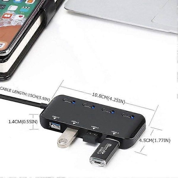Stikdåse USB 3.0 Hub, Ultra Slim Multiple 4 Port USB Hub med Individuelle Strømafbryder LED'er