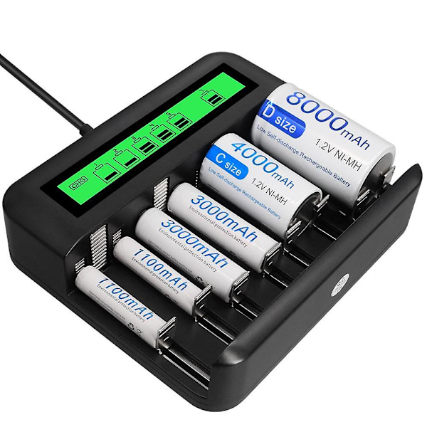 LCD Universal Batterilader - 8-Bays AA / AAA / C / D Batterilader til Genopladelige Batterier med 2A USB-Port, Type C Indgang, Hurtig AA / AAA Batteri Opladning