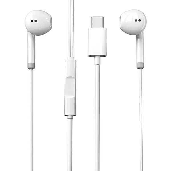 USB-C Øretelefoner med støjreduktion, mikrofon og kontrolknapper, 1,2 m, hvid