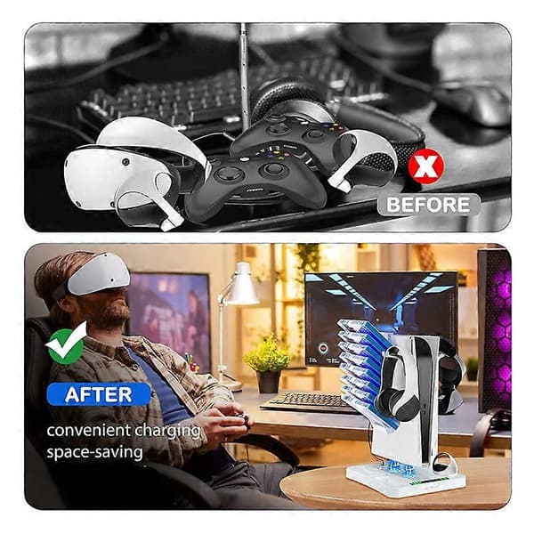 Til PS VR2 med køleventilator, VR-opladningsdisplaystand med headset- og spilopbevaringsholder