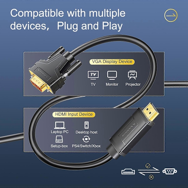Tyyppi A MINDPURE AD037 5m HDMI - VGA-kaapeli 1080P 60Hz HD-yhteensopiva johto TV:lle/näytölle/projektorille