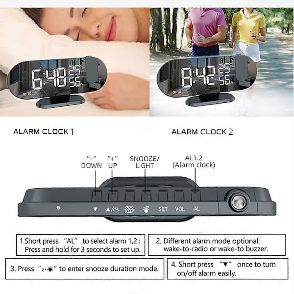 Projektionsklocka med radio, digital klocka, USB-klockradio med dubbla alarm och LED-spegelskärm, snooze, 180 graders svängning, 4 ljusstyrkenivåer, 12/24 timmar