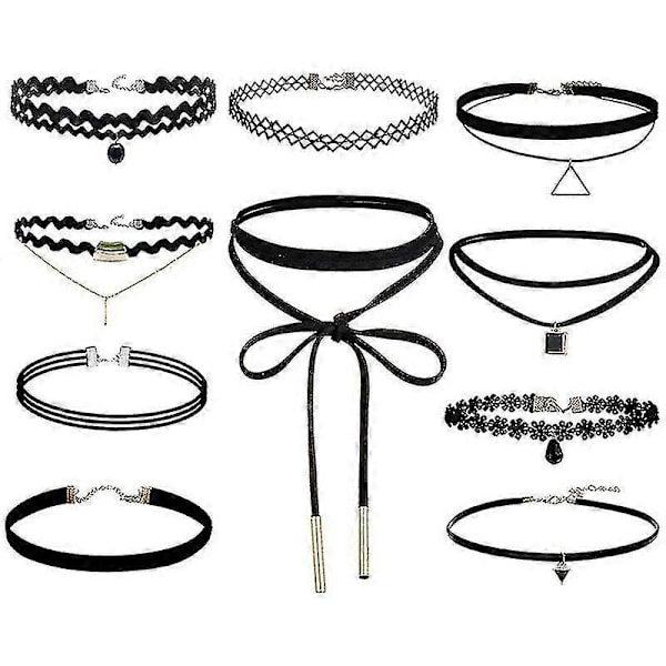 10 stk. Choker Halskjede Svart Klassisk Fløyel Stretch Gotisk Tatovering Halskjede