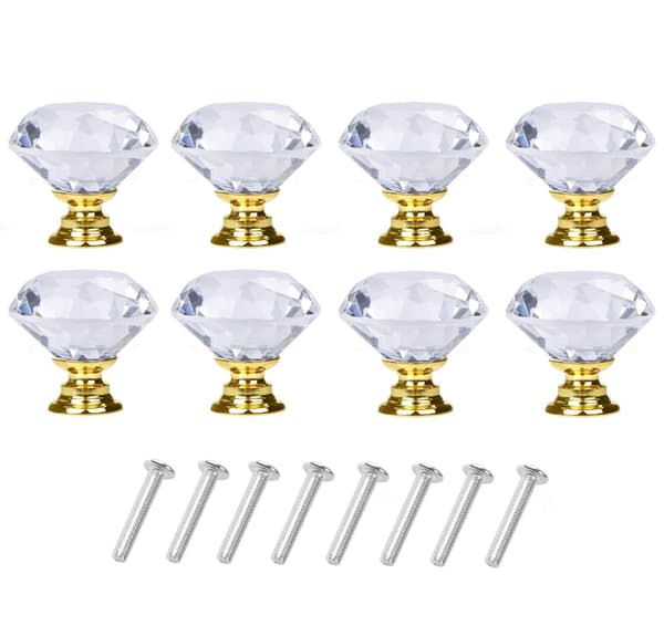 Diamantformede glasknopper Transparent/Guld 8 stk