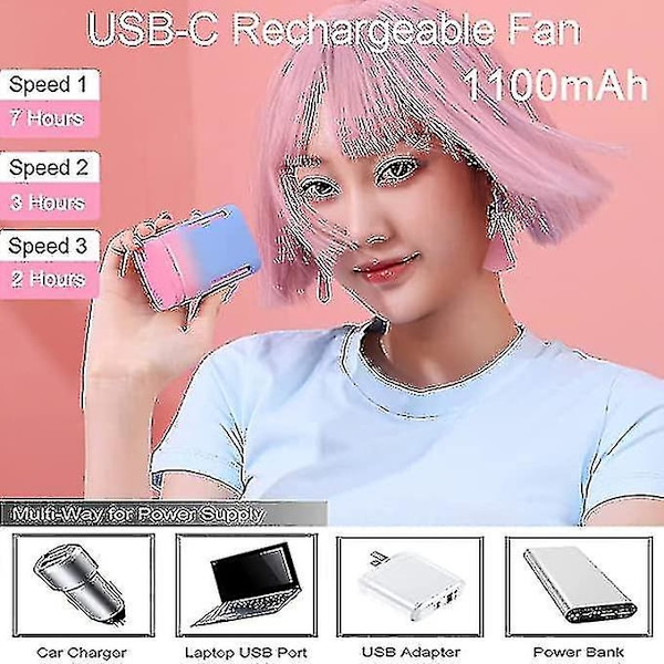 Bärbar Halsfläkt, Mini Handhållen Fläkt Personlig Fläkt USB Uppladdningsbar 3 Hastigheter Liten Fickfläkt För Kvinnor Resor Utomhus (Blå/Rosa) #jlf
