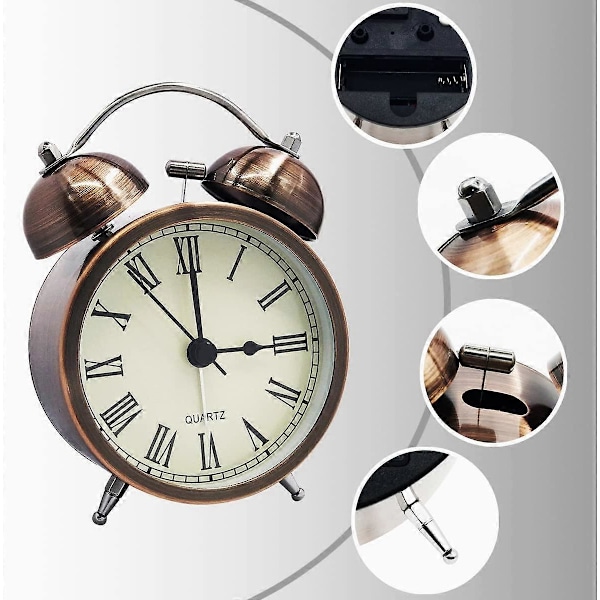 Retro Tyst Reseväckarklocka Utan Tickande, Analog Quartz Dubbel Klocka med Högt Alarm