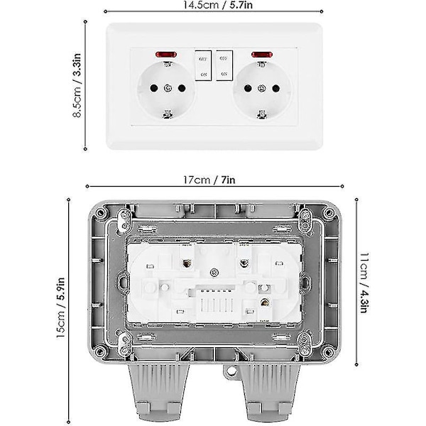 IP66 Vandtæt Udendørs Stikdobbel Udendørs Stikkontakt med Dobbelt Stikkontakt og Beskyttelseslukke, Støv- og Vindtæt Stikkontakt med Afbryder, Indikat