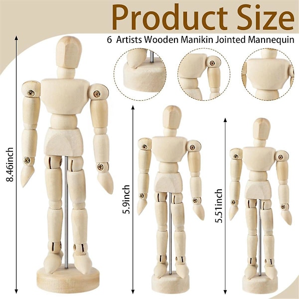 6 stk. Kunstner Mannequin Model Træ Dukke Tegning Bevægelig Figur Model med Stativ Fleksibel Leddet Mannequin