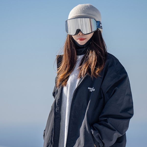 Dobbeltlags anti-dug cylindriske skibriller, anti-sneblindhed, udendørs bjergbestigning briller Sort stel sølvfilm