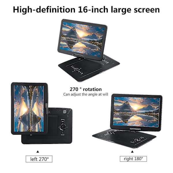 22\" Bærbar DVD-afspiller med 15,6 tommer rotationsskærm 1366x768 HD, 3500mAh batteri, stereolyd, regionsfri, vcd/dvd/cd/mp3/mp4 (sort)