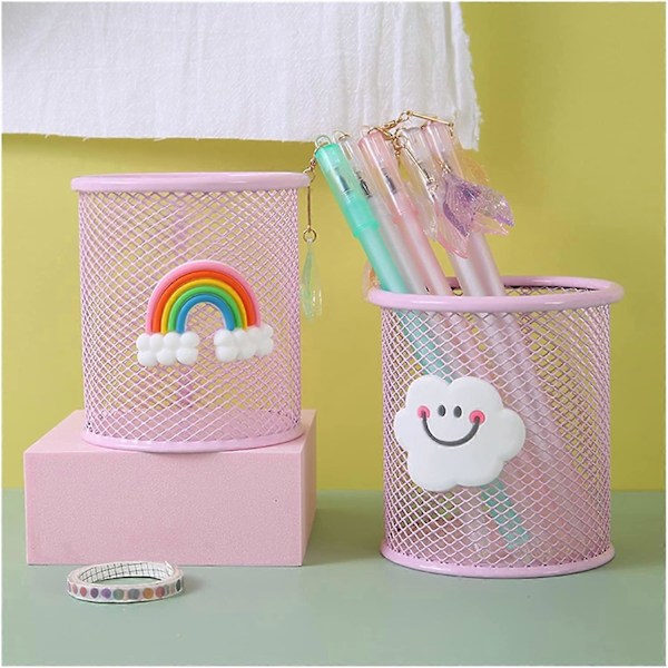 Penholder Metal Hul Tegneserie Penholder Multifunktionel Papirvarer Opbevaring Penholder Sød Studenter Grid Skrivebordsopbevaringsboks (Farve: Daisy-2 pak)