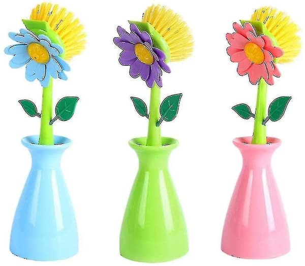 3-pack Köksborstar, Söta Blomformade Diskborstar med Långt Handtag, Blå+grön+rosa