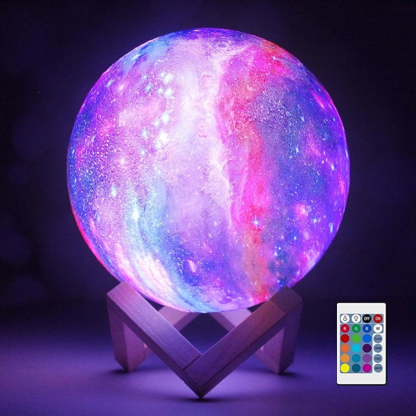3D Galaxy Moon Lamp by-Cool Kids Galaxy Moon yövalo, 16 LED-väriä, kosketus ja kaukosäädin, puinen teline-jbk