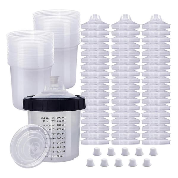 Färgsprutblandningskopp, 20 uns (600 ml) kit med 55 koppar och locksystem, 1 hård kopp med hållare