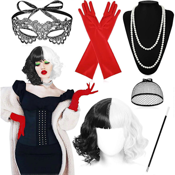 Cruella Kostume Kvinder 70'er Tilbehør, Kort Sort og Hvid Paryk med Holder, Handsker, Halskæde, Blondermaske, Parykhat, til Halloween Kostume Kvinder, Fan
