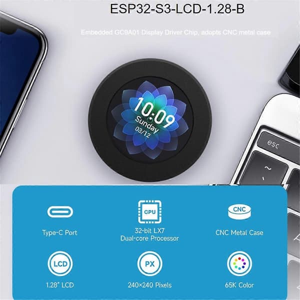 ESP32-S3 Utvecklingskort 32-Bit LX7 Dual-Core Processor med 1.28 tums IPS Rund LCD-skärm Support