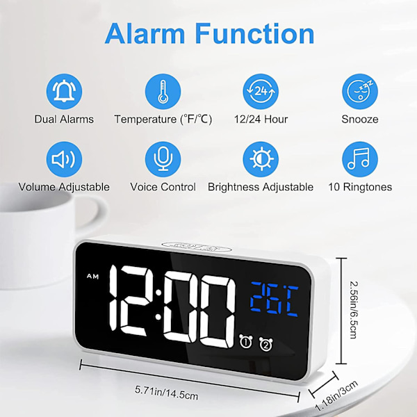 Digital väckarklocka, LED-digital klocka med temperaturvisning, bärbar spegelväckarklocka, bärbar klocka med 2 larm, 13 larmsignaler, USB-uppladdningsbar