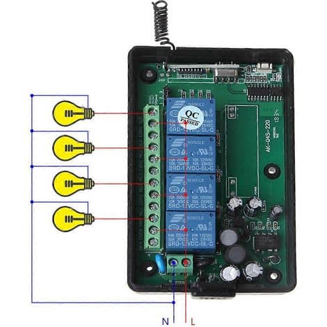 4-knapps sender/mottakerbryter, 433MHz, AC85V-250V, for fjernkontroll