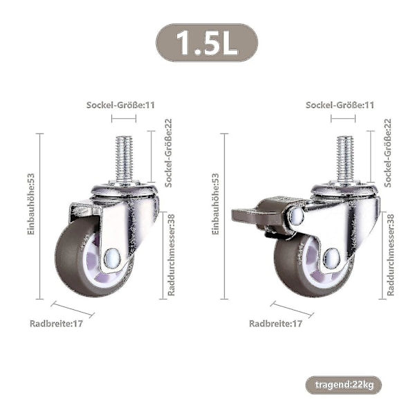 Hjul, tunga universella stolhjul med unikt bromssystem, M8 bromshjul, gängdiameter: 8 mm, längd 20 mm, 2 med bromsar + 2 utan B