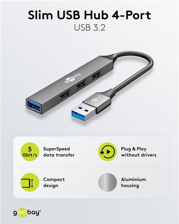Smal USB-hubb med 4 portar, USB-A till USB-A, 5 Gbit/s
