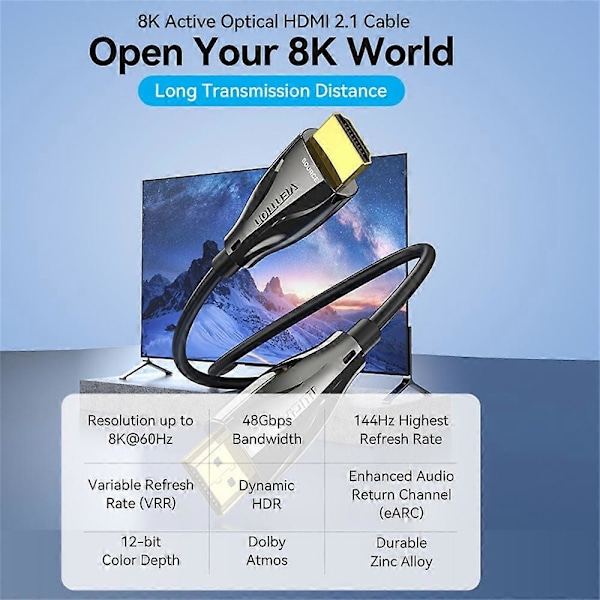 Typ A VENTION ALBBQ 20m HDMI Hane till Hane 8K HD Video Kabel Zinklegeringsskal Optisk Fiber HDMI