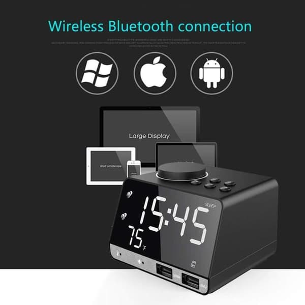 Digital Väckarklocka Radio, Bluetooth-högtalare, Dubbla Larm, 2 USB-portar, AUX, TF-kort, U-disk, Rumstermometerdisplay