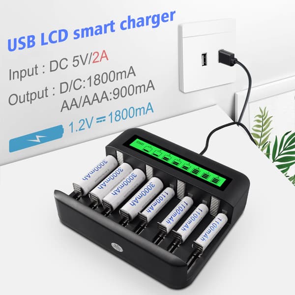 Batterioplader - 8 pladser - Smart USB - Kompatibel med AA-, AAA- og CD-batterier - LCD
