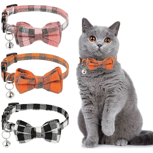 Kattkrage med Fluga och Klocka, Snabbspänne Säkerhetsspänne Kattkrage för Små Katter 3-pack