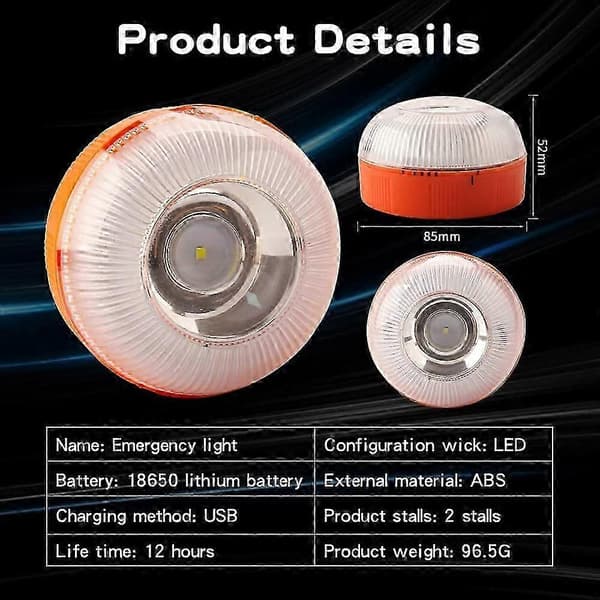 Nødlampe V16 Nødlys Standalone Led Advarselslys USB Genopladelig M/Magnet