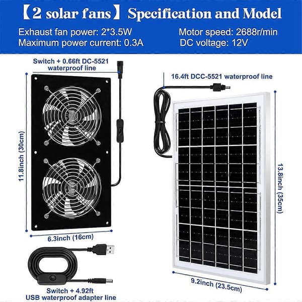 Solardrivna fläktar och driven fläkt med 15W panel 2-pack höghastighets borstlösa DC-fläktar, solventilationsfläkt för växthus
