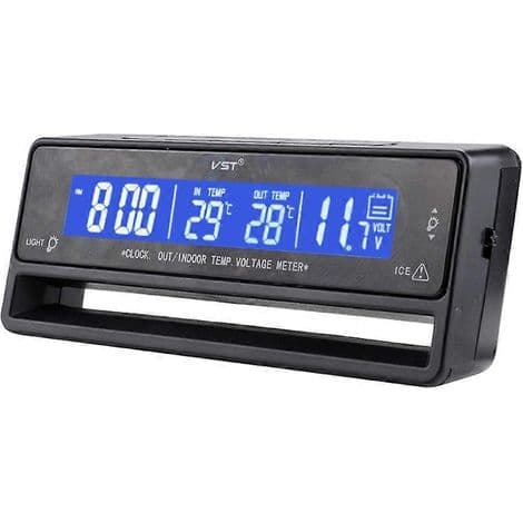 Biltermometer voltmeter til indendørs og udendørs brug, baggrundsbelyst vækkeur, bilpynt, måler temperatur og batterispænding.