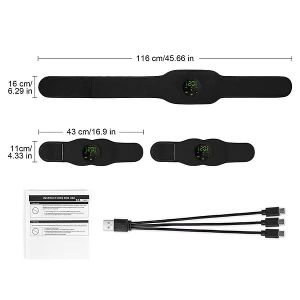 Genopladeligt EMS mavebælte i dykkermateriale silikone sort - tre-delt sæt med display, vaskbart stof, 10 tilstande, 20 intensitetsniveauer, 150mAh