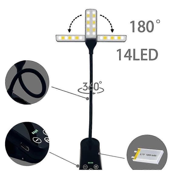 Dobbelthodet 14 LED Touch Kontroll Leselys med 8 Lysstyrker USB Oppladbart Øyebeskyttende Boklys
