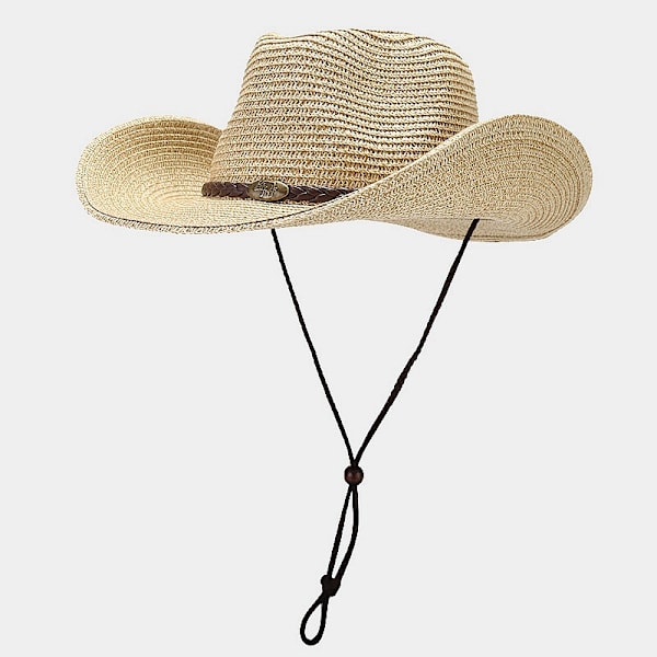 Western Cowboy Hat (with Rope) for Women and Men with Foldable Summer Sun Shade Straw Hat Wide Brim Hat, Beige