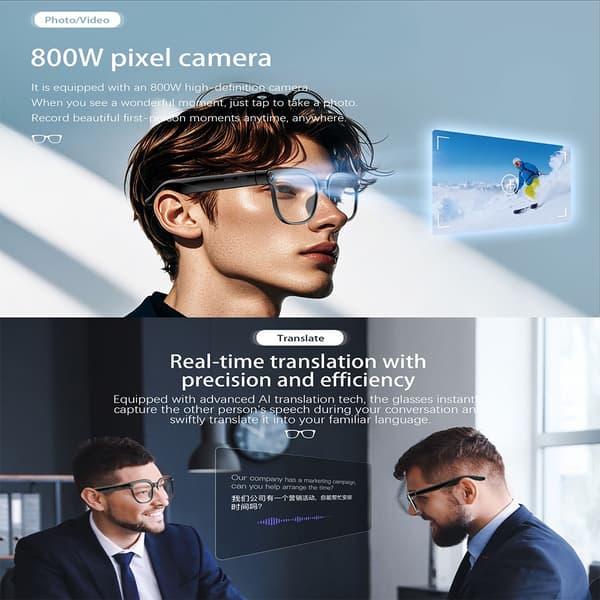 Smarta glasögon med 8MP-kamera, AI-översättning och lång batteritid, kompatibla med Android och iOS