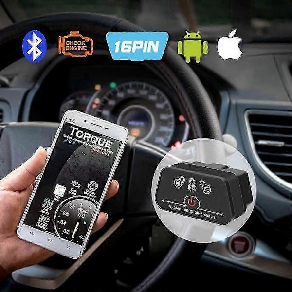 Obd Bluetooth, Icar 2 Ble4.0 Obd2 Adapter Diagnostiske Værktøjer Bilkode Læser Til Ios, Android Og Windows (Sort)