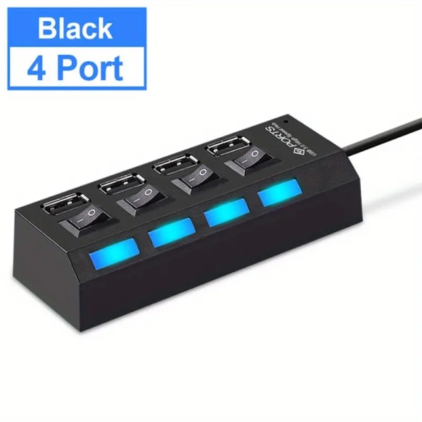 4-porter LED USB 2.0 Adapter Hub Strøm På/Av-bryter For PC Bærbar datamaskin 4 holes