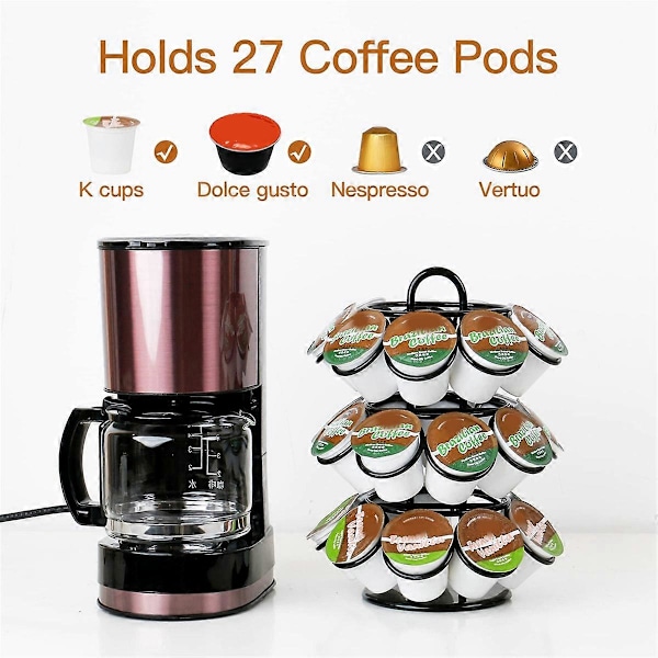 Kaffekapselholder, Kaffekapseloppbevaring Kompatibel for K Cups (27 kapsler), Roterer 360 grader