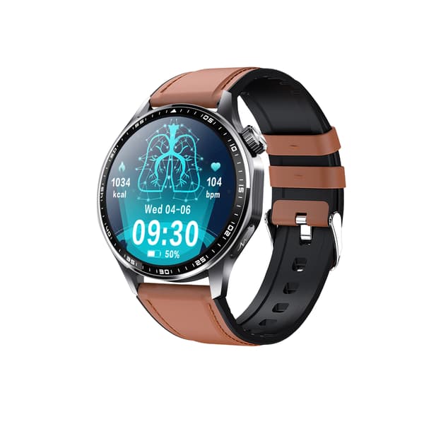 Smartwatch med EKG, pulsmåler, blodtryksmåler og skridttæller, sort og brun læderrem