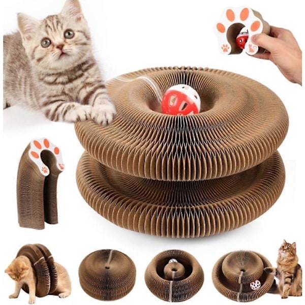 Kitty Fun Dragspelsformad Klösbräda i Kartong för Katter, Interaktiv Klösbräda med Boll för Klövslipning, Lek & Vila