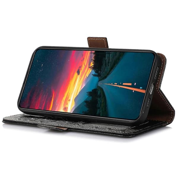 Telefon Wallet Case Til Nokia C32, Ægte Ko Læder Stand Telefon Cover Style B Nokia C32 Sort