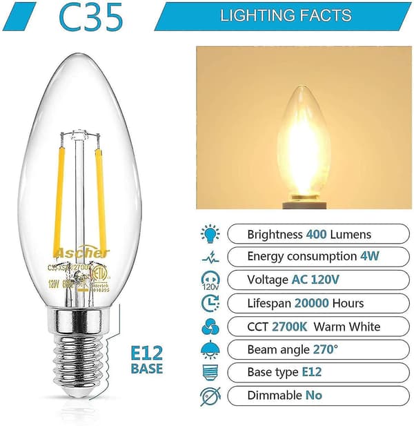 Klassisk E12 LED-ljuslampa, motsvarande 40W, varmvit 2700K, glödtråd i klart glas, ej dimbar, 10-pack