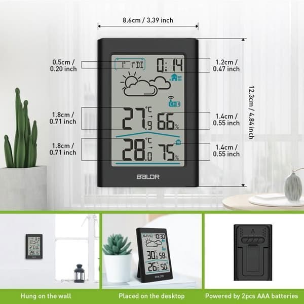 BALDR B0341 Trådløs Vejrstation Ur HD Display 20s Baggrundsbelysning med Udendørs Sensor Sort