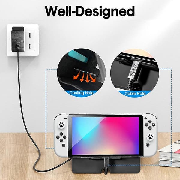 DEVASO Støtteholder for Nintendo Switch/Switch OLED + 2 stk. Skjermbeskytter i Herdet Glass